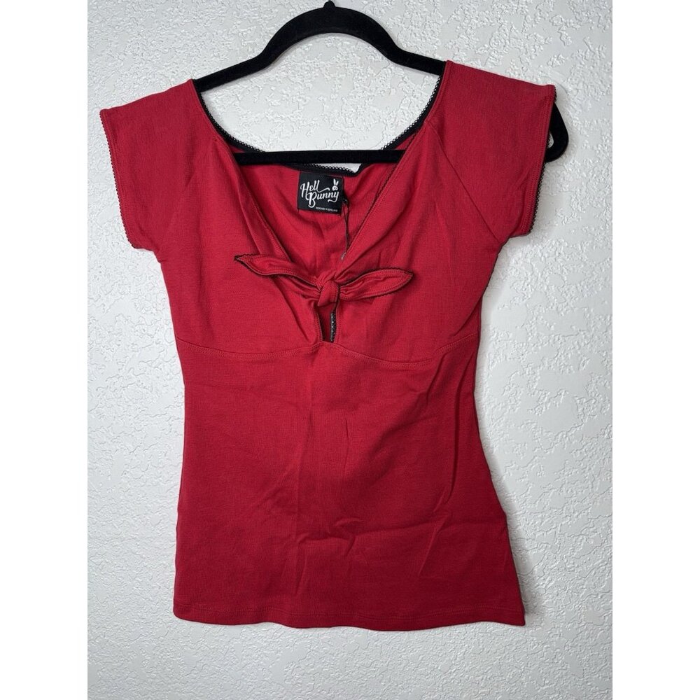Hell Bunny Short Sleeve Shirt Tie Front Red NWTS New See Descr. Rockabilly XS E - Picture 2 of 6